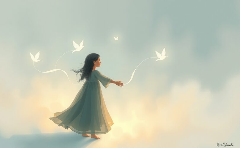 Eteryczna ilustracja dwóch postaci połączonych nićmi światła, symbolizująca nadmierne przywiązanie emocjonalne.