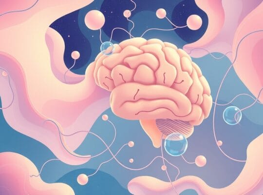 Abstrakcyjna ilustracja mózgu, pastelowe kolory, płynne linie, dynamiczne zmiany emocji.