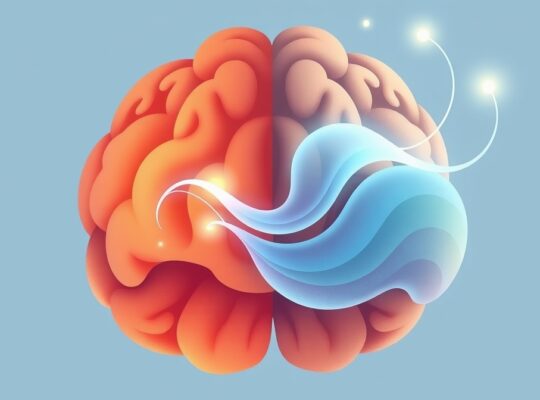 Symboliczna ilustracja mózgu: pastelowa fala (kora przedczołowa) kieruje czerwoną mgławicą (ciało migdałowate).