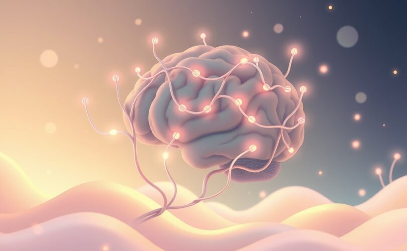 Absktractny mózg z rozkwitającymi, świetlistymi ścieżkami neuronalnymi, symbolizujący plastyczność.