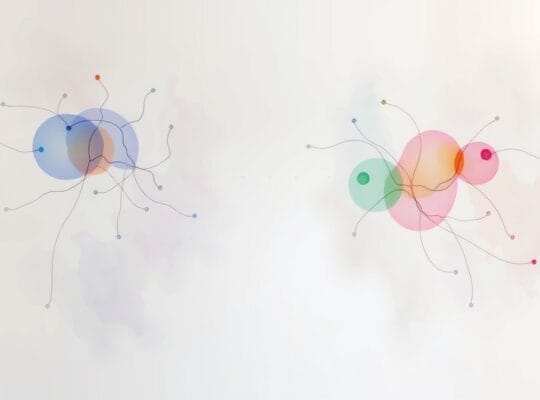 Abstrakcyjne, pastelowe ścieżki neuronalne formujące dwie głowy w rozmowie, symbolizujące synchronizację.