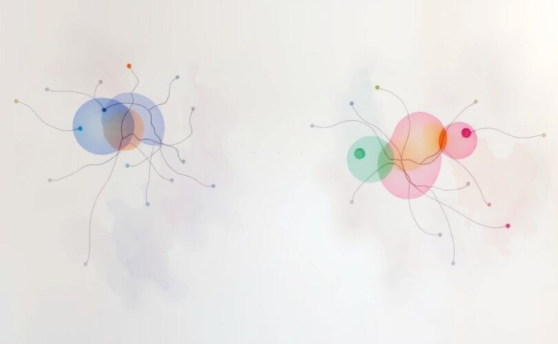 Abstrakcyjne, pastelowe ścieżki neuronalne formujące dwie głowy w rozmowie, symbolizujące synchronizację.