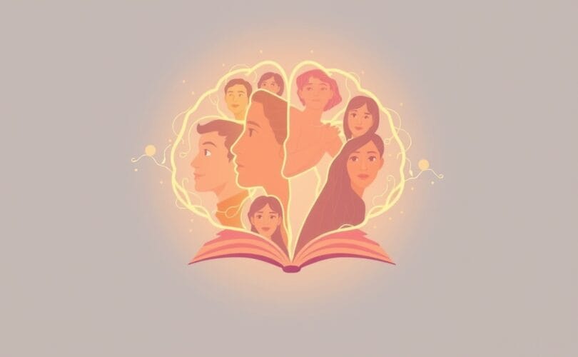 Stylizowana ilustracja głowy z siecią neuronową i twarzami jak w otwartej księdze.