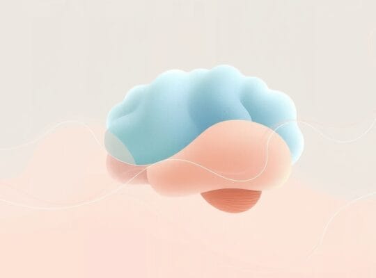 Abstrakcyjna wizualizacja regulacji emocji mózgu, z pastelami, subtelnymi neuronami i pulsującym odcieniem równoważonym przez spokój.