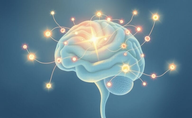 Neuroplastyczność: świetliste nici tworzą nowe połączenia w abstrakcyjnym mózgu.