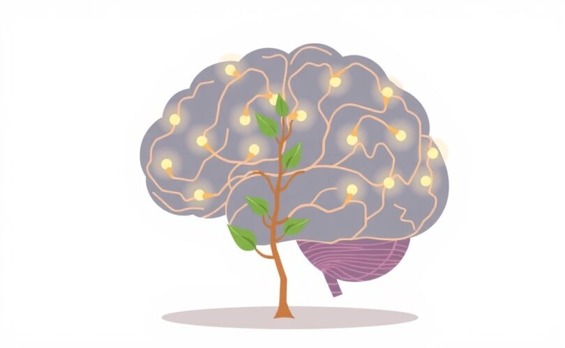 Symboliczna ilustracja młodej rośliny wyrastającej ze stylizowanej głowy, symbolizująca neuroplastyczność.