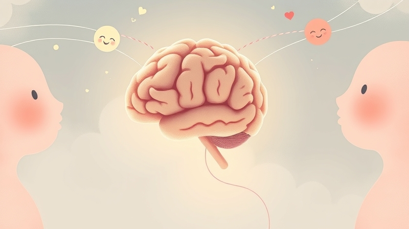 Surrealistyczna ilustracja mózgu z eterycznymi nićmi łączącymi abstrakcyjne kształty emocji.