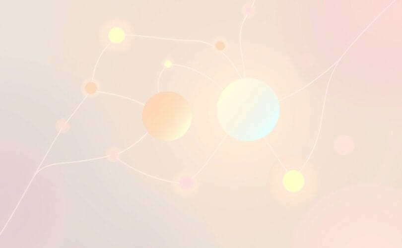 Abstrakcyjna ilustracja pastelowych neuronów łączących świetliste kule, symbol empatycznej współodczuwania.