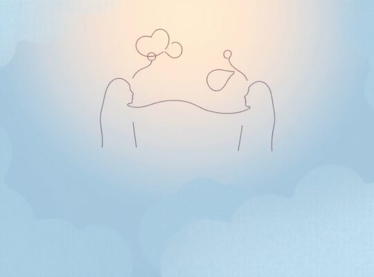 Delikatna ilustracja symbolizująca empatię poznawczą – przepływ myśli między dwiema postaciami.