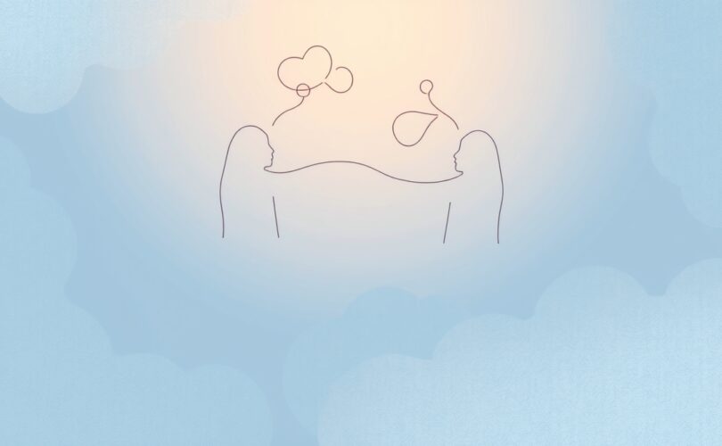Delikatna ilustracja symbolizująca empatię poznawczą – przepływ myśli między dwiema postaciami.