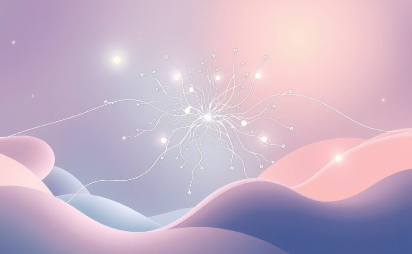 Eteryczny pejzaż z rozświetlonymi sieciami neuronowymi symbolizujący intuicję.