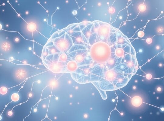 Abstrakcyjne, pastelowe ilustracje neuronów, kwitnących idei, symbolizujące neurobiologię kreatywności.