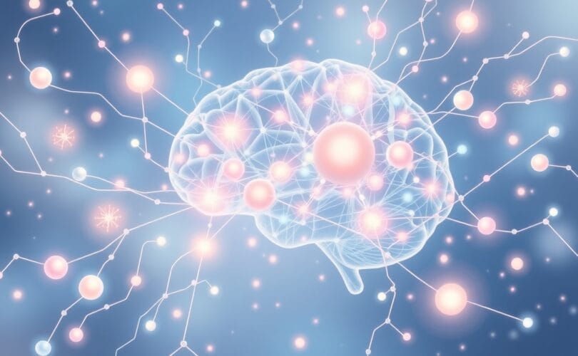 Abstrakcyjne, pastelowe ilustracje neuronów, kwitnących idei, symbolizujące neurobiologię kreatywności.