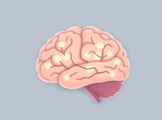 Symboliczna ilustracja mózgu, pastelowe kolory, świetliste ścieżki neuronowe, podejmowanie decyzji.