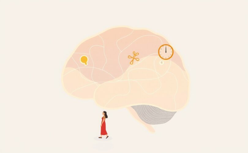 Abstrakcyjna, pastelowa ilustracja mózgu symbolizująca skupienie i rozproszenie.