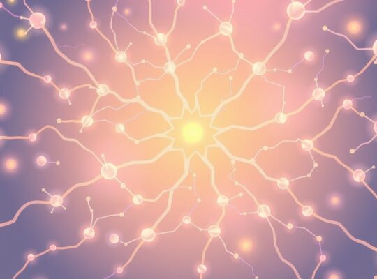 Sieć neuronów z pastelowymi ścieżkami i ciepłym światłem w centrum.