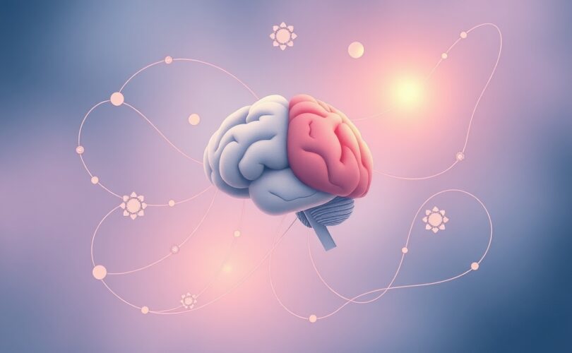 Abstrakcyjna ilustracja mózgu w pastelach, symbolizująca radzenie sobie z odrzuceniem i złożoność emocji.