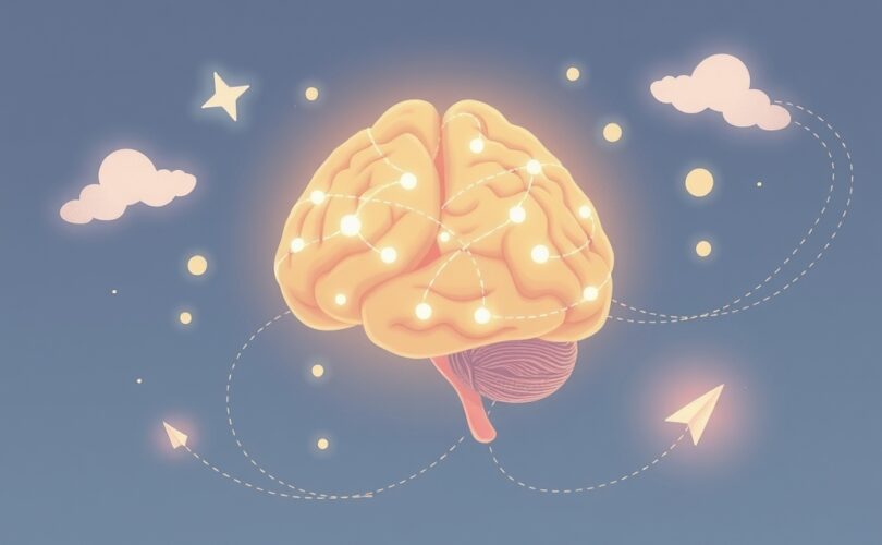Stylizowany mózg z migoczącymi ścieżkami nerwowymi, symbolizujący żałobę i proces zdrowienia.
