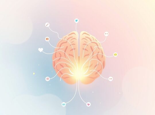 Stylizowany mózg połączony ze społecznościowymi ikonami, wskazujący na cyfrową pokusę.