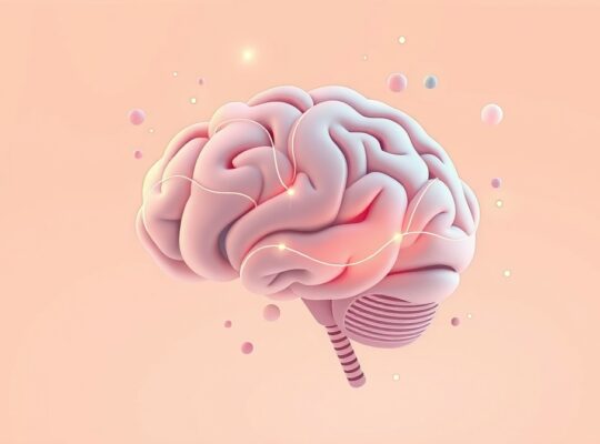 Stylizowany mózg w pastelach z łagodnie świecącymi ścieżkami neuralnymi.