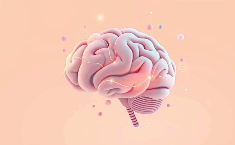 Stylizowany mózg w pastelach z łagodnie świecącymi ścieżkami neuralnymi.