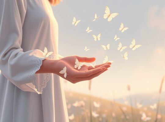 Ilustracja pastelowa: postać uwalnia motyle, symbolizując spokój mimo utraty kontroli.