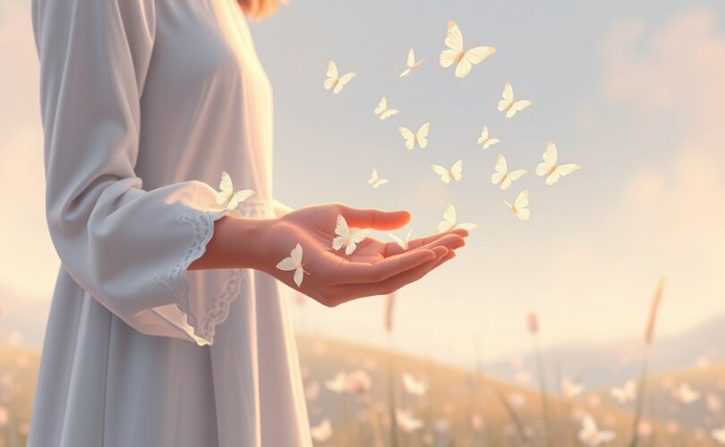 Ilustracja pastelowa: postać uwalnia motyle, symbolizując spokój mimo utraty kontroli.