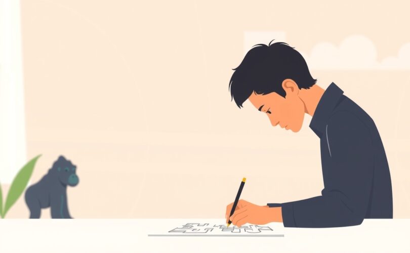 Minimalistyczna ilustracja: skupiona osoba, w tle niewyraźna sylwetka gorylicy symbolizuje ślepotę pozauwagową.