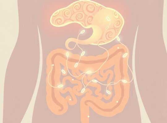 Stylizowana ilustracja: jelita połączone z mózgiem siecią flory, wspierająca zdrowie psychiczne.