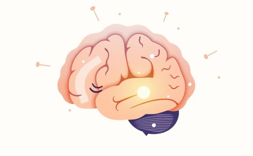 Stylizowana ilustracja mózgu tracącego uwagę w rozmowie, pastelowe barwy, dryfujące myśli.