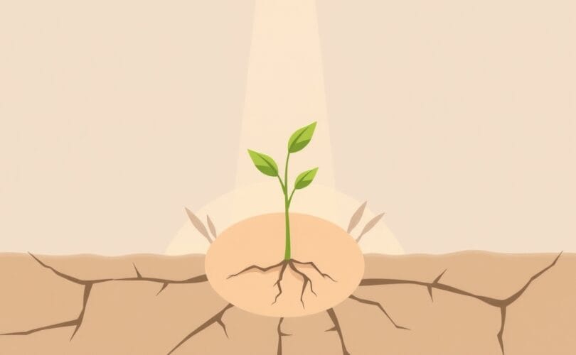 Kiełkujące nasiono przebija spękaną ziemię, symbolizując siłę i rozwój po porażce.