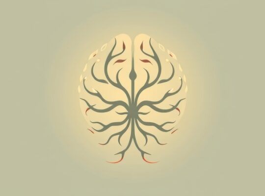 Symboliczna, uspokajająca ilustracja pnia mózgu jako fundamentalnej struktury życia z pastelowymi barwami.