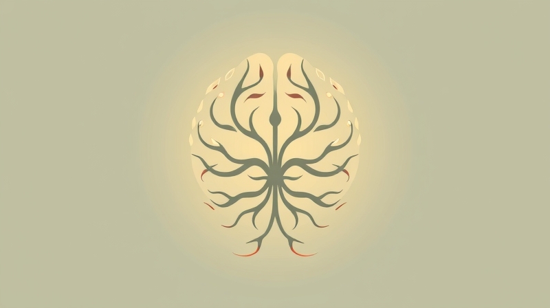 Symboliczna, uspokajająca ilustracja pnia mózgu jako fundamentalnej struktury życia z pastelowymi barwami.