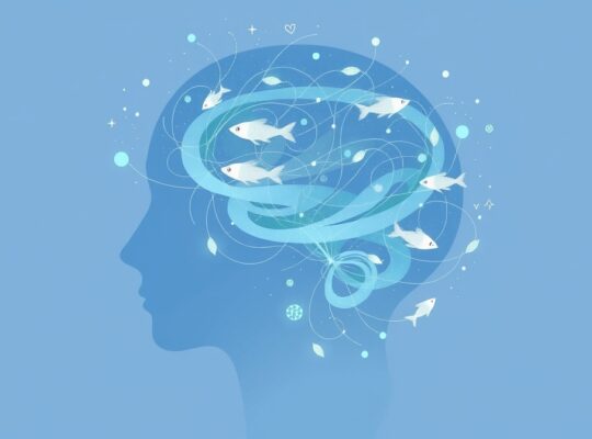 Stylizowana głowa człowieka z niebieskimi ścieżkami i pływającymi rybami, symbolizująca omega-3 i funkcje mózgu.