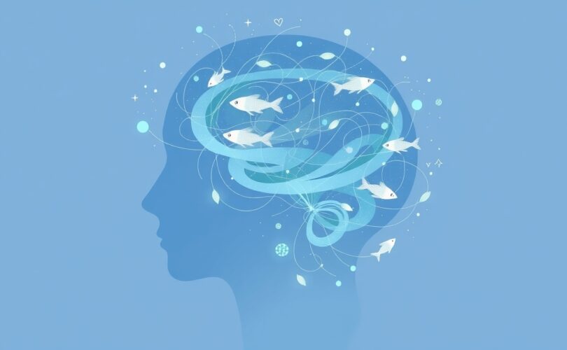 Stylizowana głowa człowieka z niebieskimi ścieżkami i pływającymi rybami, symbolizująca omega-3 i funkcje mózgu.