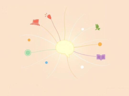 Artystyczna wizja powiązania opowieści z emocjami, symbolizowana przez świetlisty mózg i barwne linie narracji.