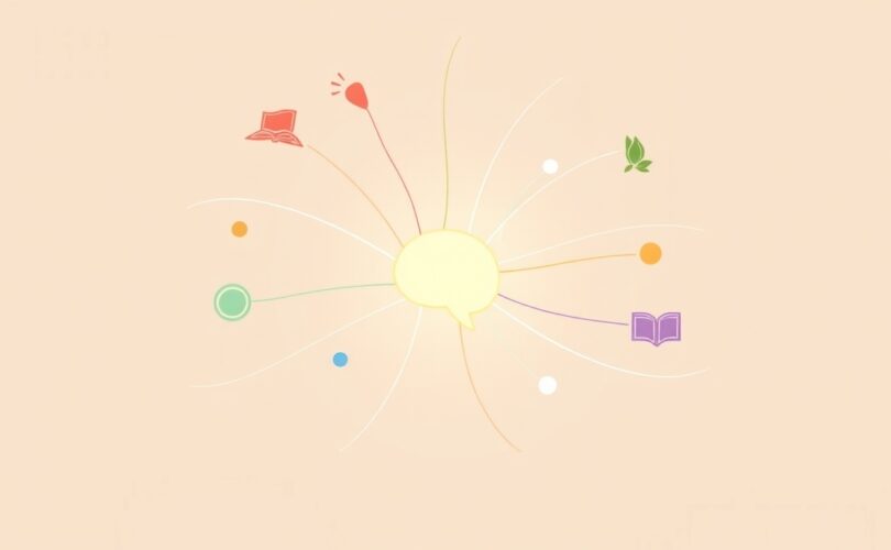 Artystyczna wizja powiązania opowieści z emocjami, symbolizowana przez świetlisty mózg i barwne linie narracji.