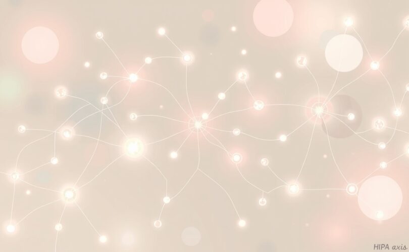 Symboliczna ilustracja osi HPA: delikatna sieć, pastelowe barwy, świetliste węzły, subtelne przepływy.