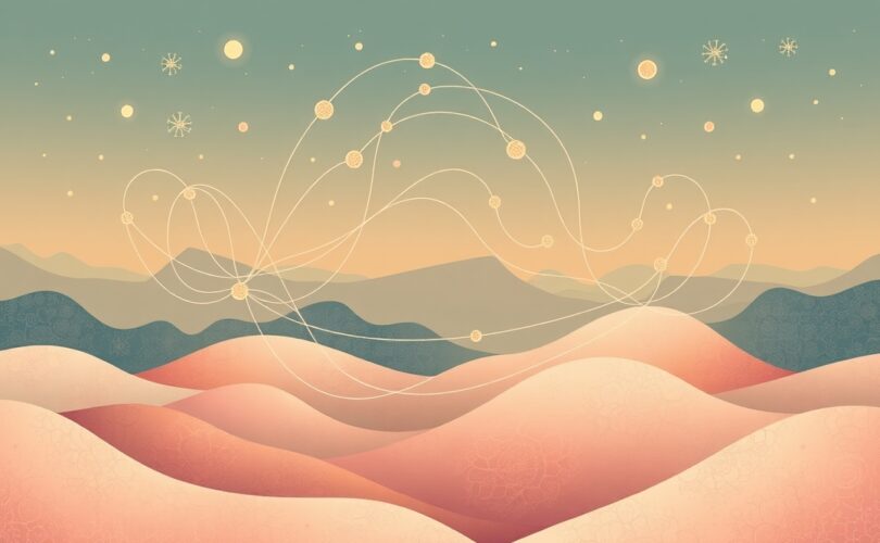 Ilustracja symbolicznie ukazuje połączenie jelit i mózgu delikatnymi pastelowymi barwami.