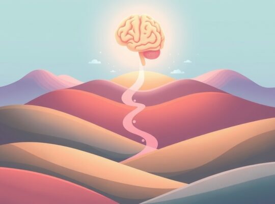 Kolorowa ilustracja osi jelitowo-mózgowej: krajobraz jelit i przyjazne bakterie prowadzące do mózgu.