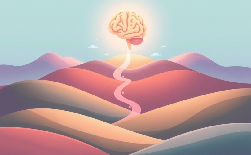 Kolorowa ilustracja osi jelitowo-mózgowej: krajobraz jelit i przyjazne bakterie prowadzące do mózgu.