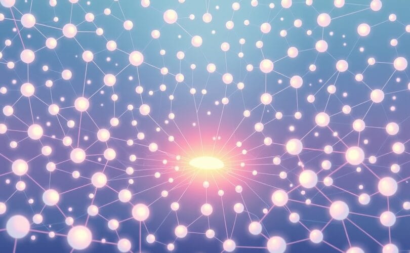 Sieć pastelowych, świecących kul wiedzy połączonych liniami, w centrum abstrakcyjny umysł.