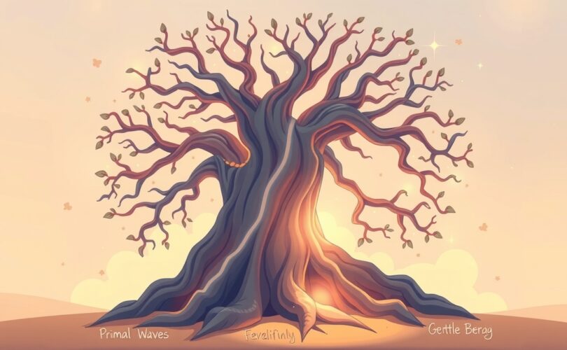 Uduchowiony starożytny pień drzewa, z korzeniami przechodzącymi w neurony, emituje światło emocji.