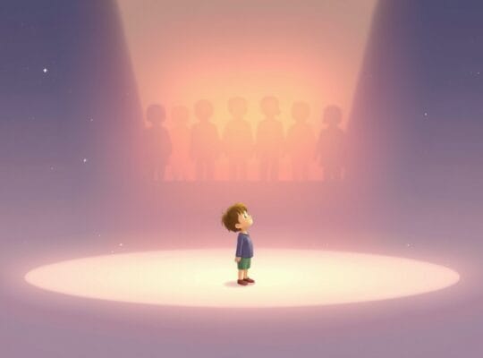 Samotna postać wśród grupy, symbolizująca poczucie wykluczenia i potrzebę przynależności.