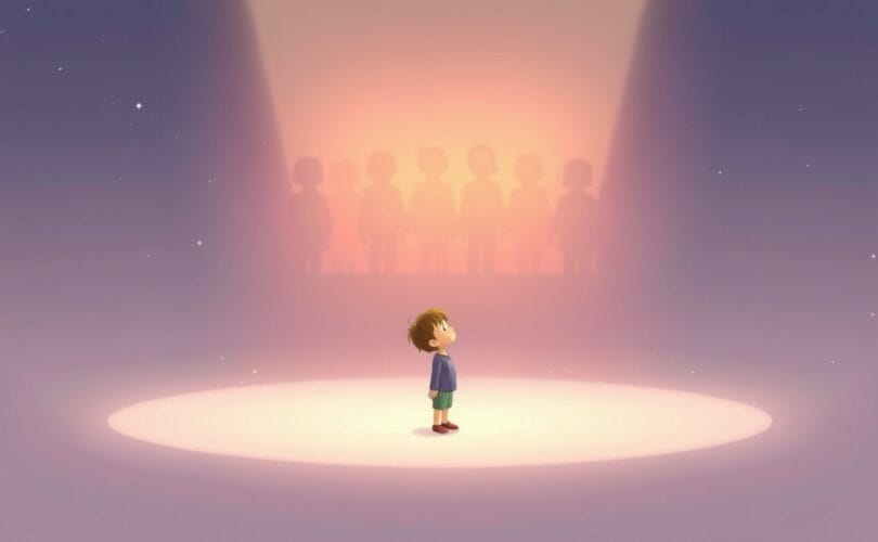 Samotna postać wśród grupy, symbolizująca poczucie wykluczenia i potrzebę przynależności.