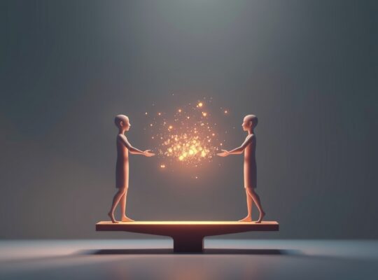 Symboliczna waga sprawiedliwości równoważy przepływ światła między dwiema postaciami w dialogu.