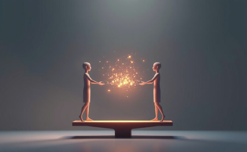 Symboliczna waga sprawiedliwości równoważy przepływ światła między dwiema postaciami w dialogu.