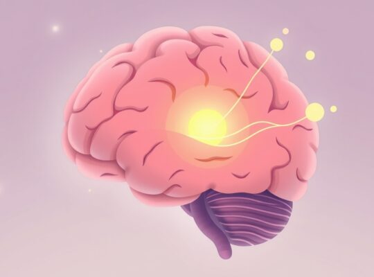 Pastelowa ilustracja przekroju mózgu, ze świecącym podwzgórzem i promienistymi połączeniami.