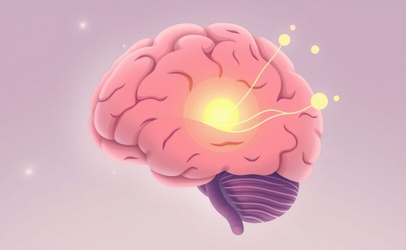 Pastelowa ilustracja przekroju mózgu, ze świecącym podwzgórzem i promienistymi połączeniami.