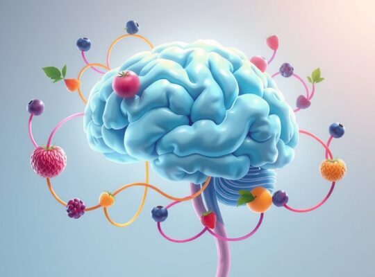 Stylizowany, świecący mózg połączony z kolorowymi polifenolami – klucz do zdrowia poznawczego.